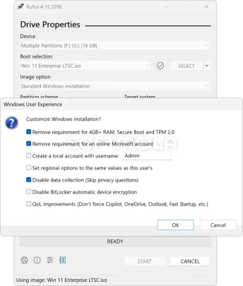 screenshot of rufus windows 11 customization options