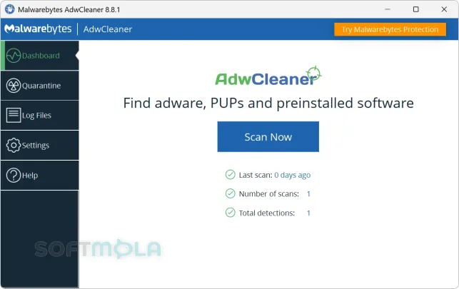 adwcleaner dashboard screenshot with scan and clean tools