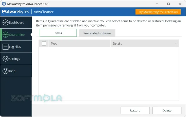adwcleaner quarantine screenshot with detected items list