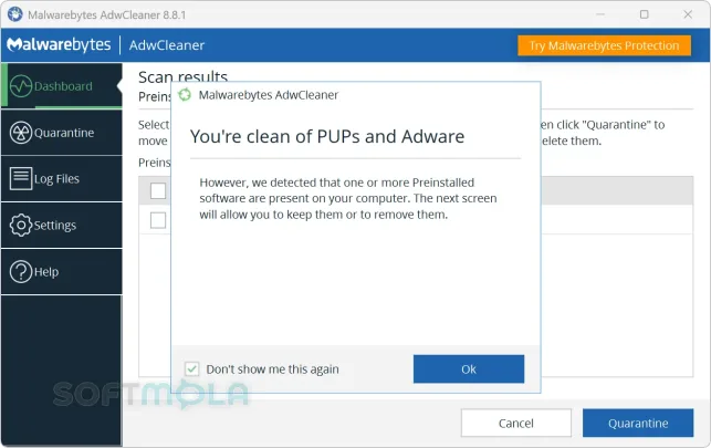 adwcleaner scan results screenshot showing clean system