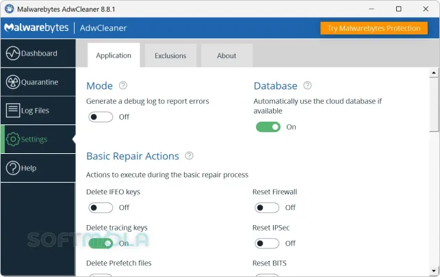 adwcleaner settings screenshot with application preferences