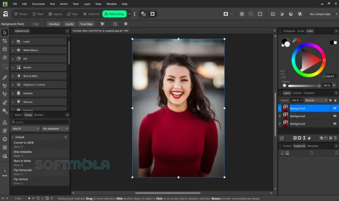 affinity retouching screenshot with photo repair tools