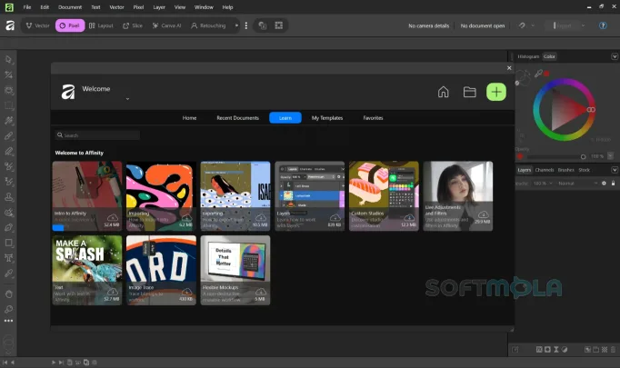 affinity screenshot of the main workspace interface