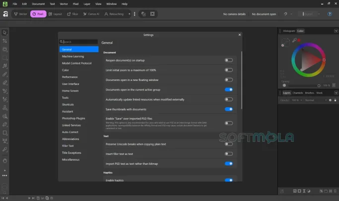 affinity settings screenshot with application preferences