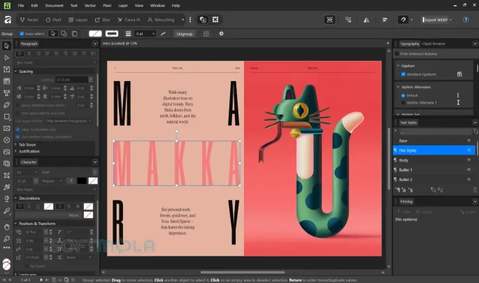 affinity typography screenshot with text and font controls