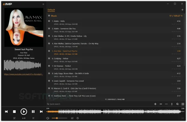 aimp player screenshot with music playlist
