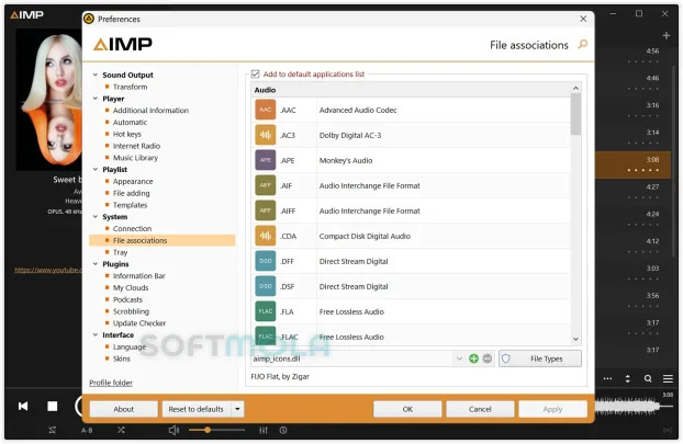 aimp preferences screenshot with file associations settings