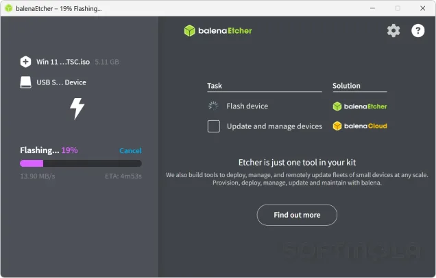 balenaetcher flashing progress screenshot writing windows iso to usb