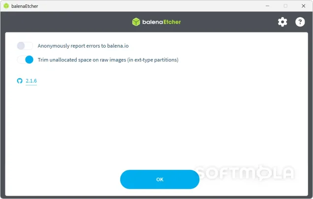 balenaetcher settings screenshot with error reporting and trim options