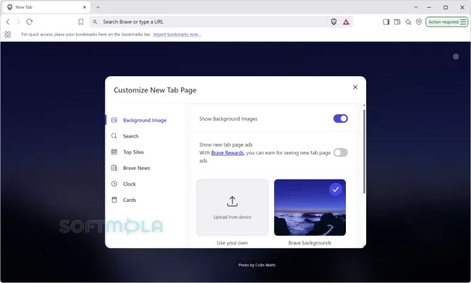 brave browser customize screenshot with appearance and layout options