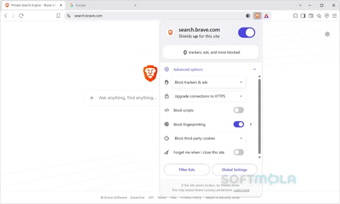 brave browser shields screenshot showing ad and tracker blocking