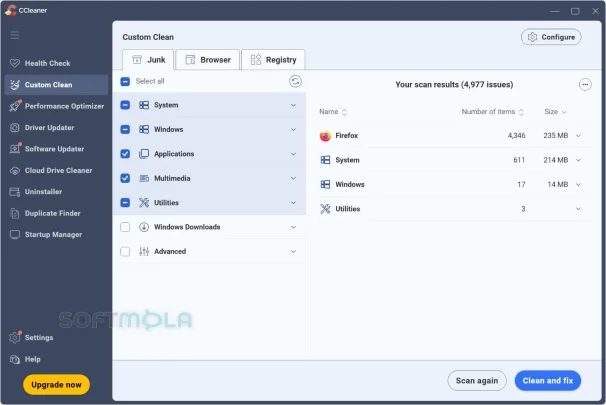 ccleaner custom clean screenshot with junk file cleaning options