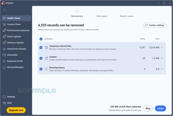 ccleaner health check screenshot with pc scan results