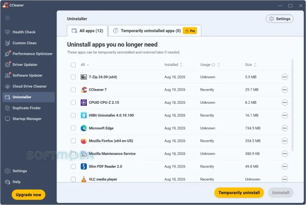 ccleaner uninstaller screenshot with installed programs list