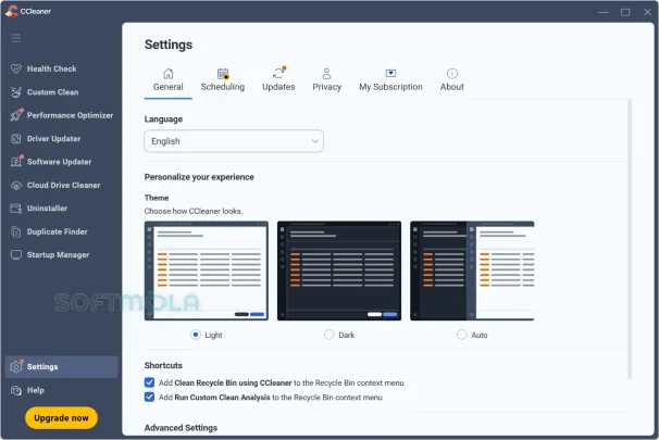 cleaner settings screenshot with app preferences and options