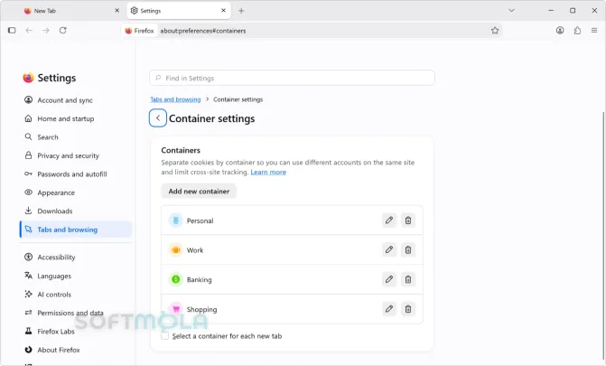 firefox container tabs screenshot for separating browsing sessions