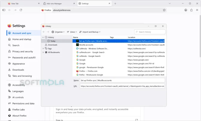 firefox library screenshot with browsing history and downloads