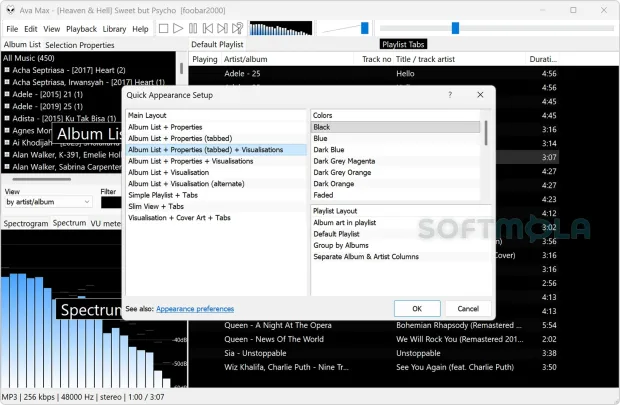foobar2000 appearance setup screenshot with interface customization options