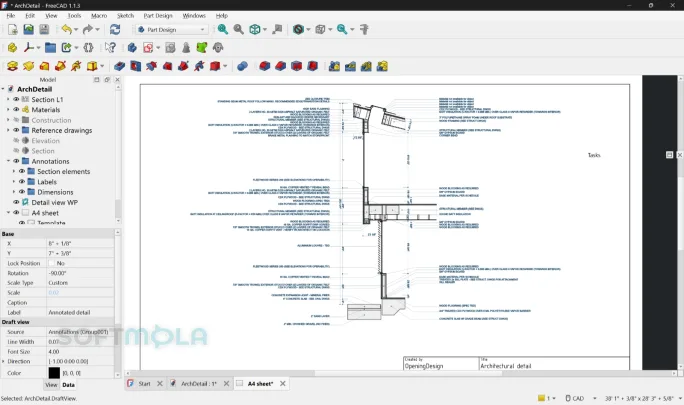 freecad 2d arch detail screenshot with architectural drawing view
