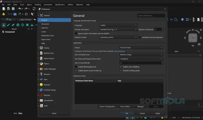 freecad preferences screenshot with application settings