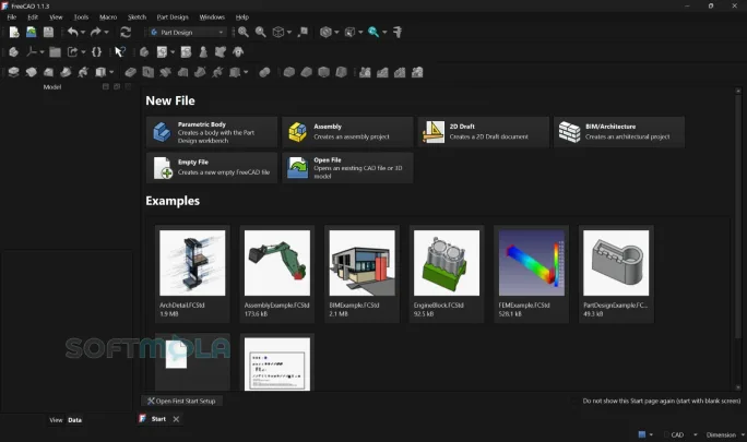 freecad start page screenshot with new document options