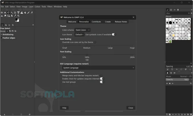 gimp personalize screen screenshot with interface customization options