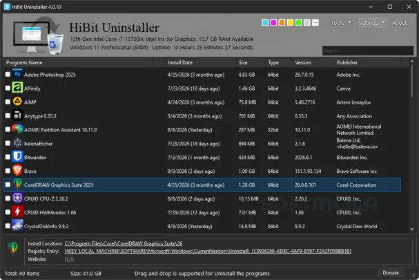 hibit uninstaller dark mode screenshot with installed apps