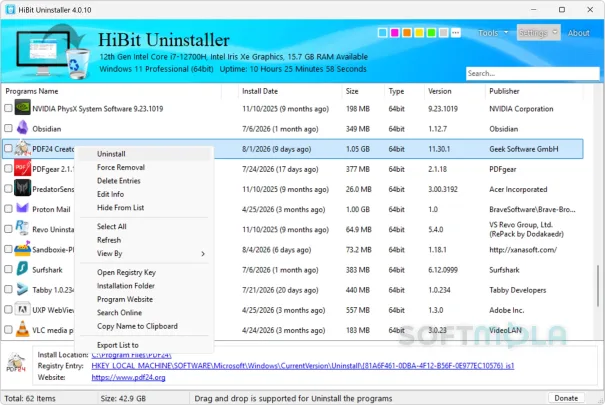 hibit uninstaller dashboard screenshot with installed programs list