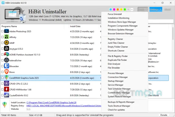 hibit uninstaller tools menu screenshot with system utilities