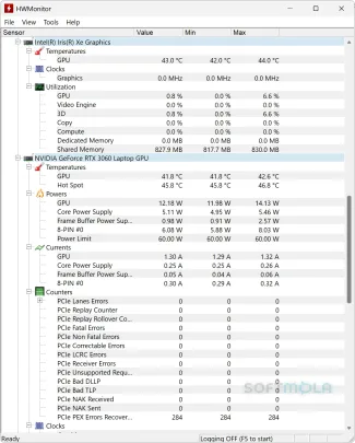 hwmonitor gpu list screenshot with graphics sensor details