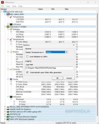hwmonitor options menu screenshot with application settingshwmonitor options menu screenshot with application settings