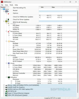 hwmonitor tools menu screenshot with monitoring utilities