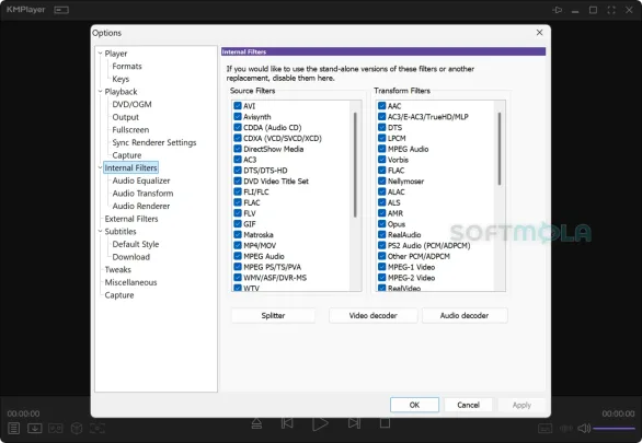kmplayer media format options screenshot with file association settings
