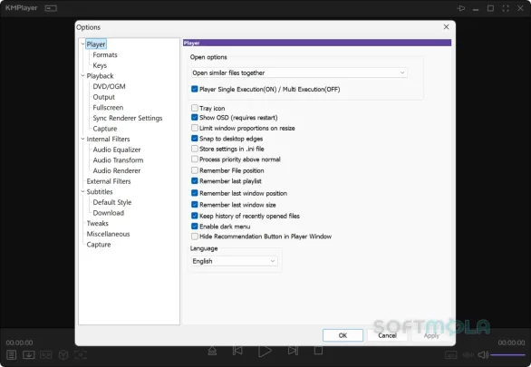 kmplayer options screenshot with player preferences