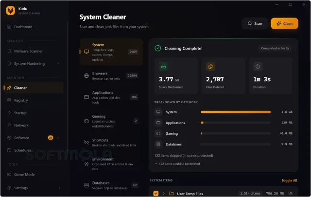 kudu cleaner screenshot with junk file cleanup