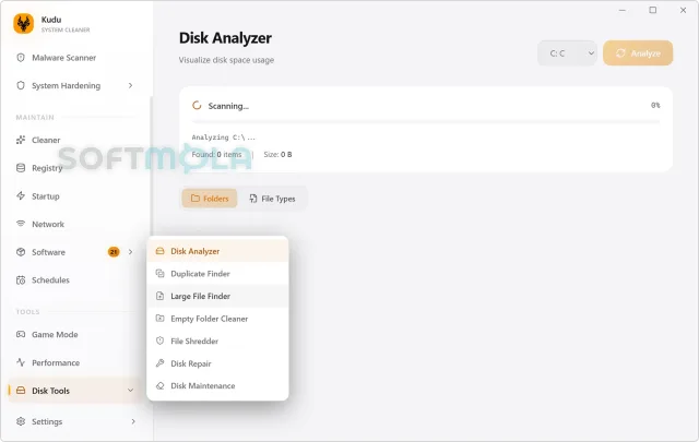 kudu disk analyzer screenshot with storage usage details