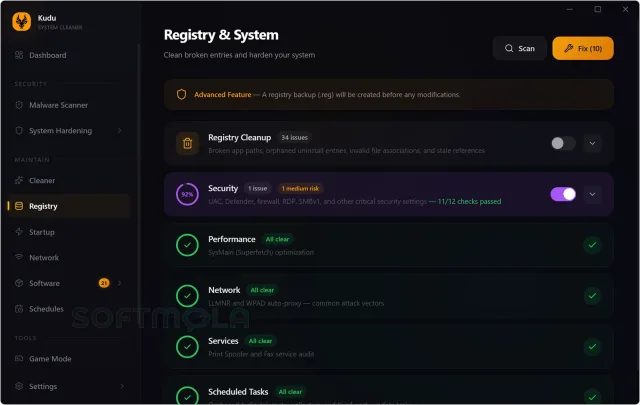 kudu registry screenshot with registry cleaning tools