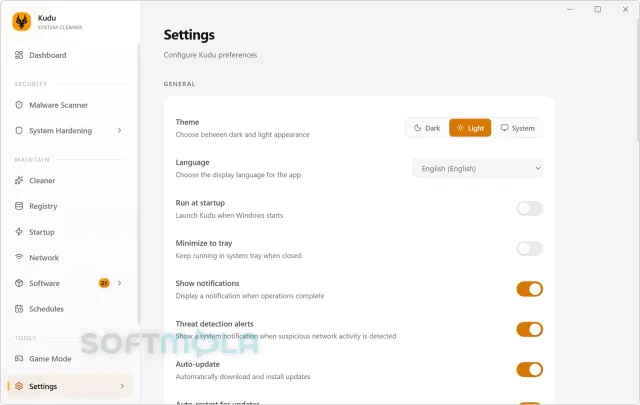kudu settings screenshot with application preferences