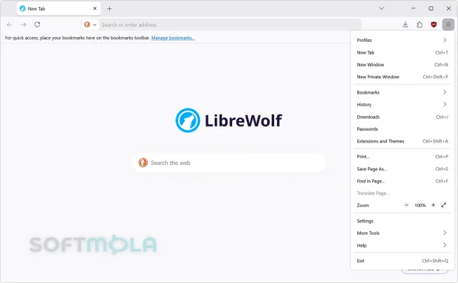 librewolf application menu screenshot with browser options
