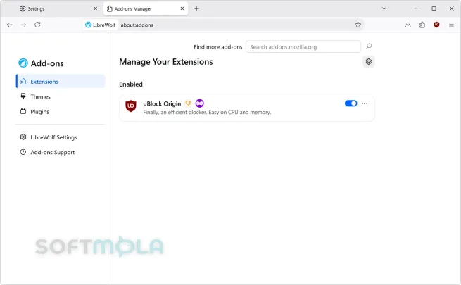 librewolf extensions themes screenshot with browser addons