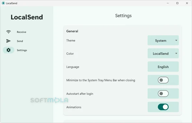 localsend general settings screenshot with app preferences