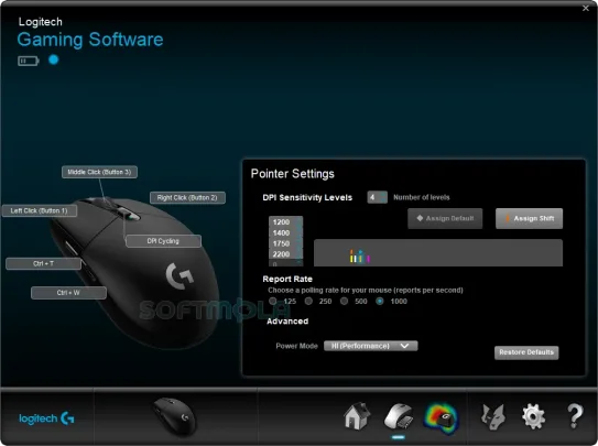 logitech gaming software mouse customization screenshot with button assignments