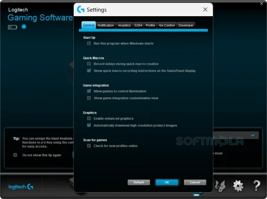logitech gaming software settings screenshot with application preferences