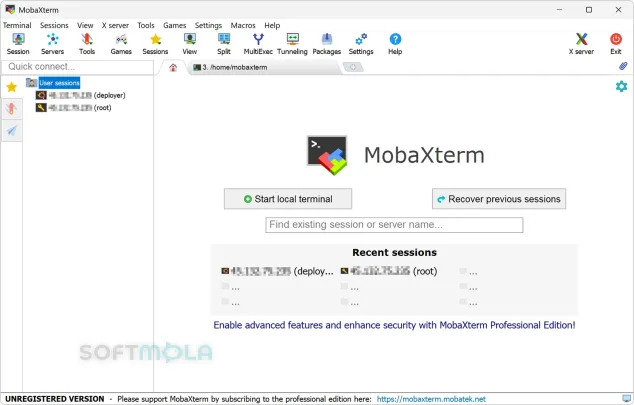 mobaxterm home screen screenshot with remote session tools