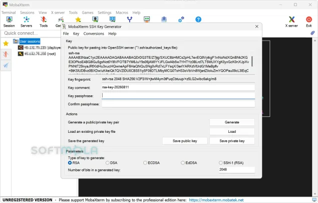 mobaxterm ssh key generator screenshot with key generation options