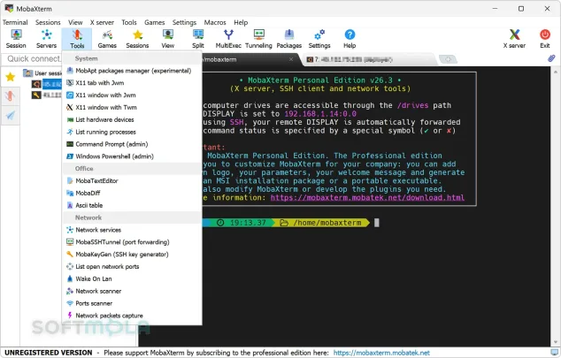 mobaxterm tools menu screenshot with network utilities