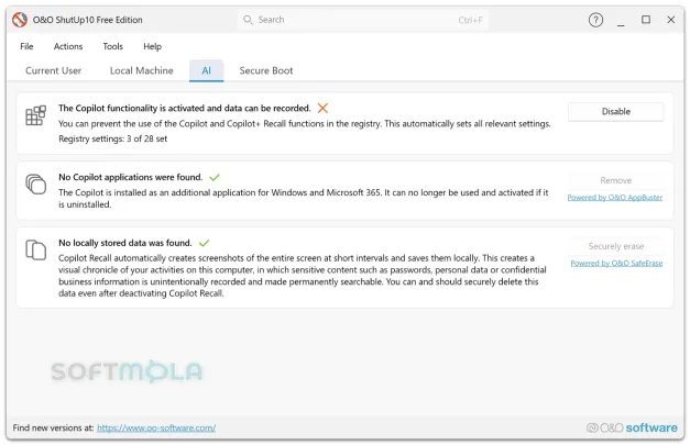 oo shutup10 ai tab screenshot for disabling copilot and recall