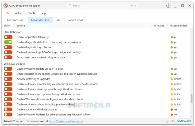 oo shutup10 local machine screenshot with system wide telemetry settings
