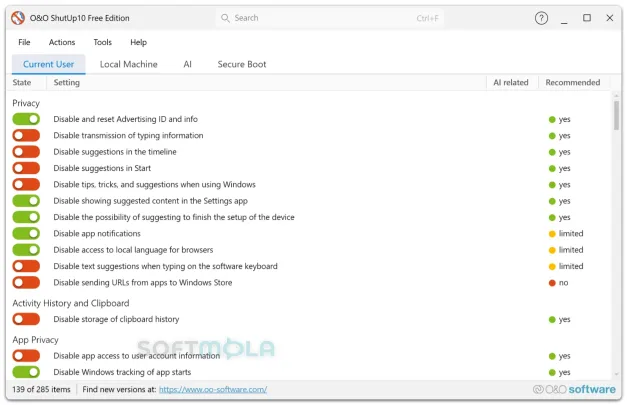 oo shutup10 screenshot of current user privacy settings list