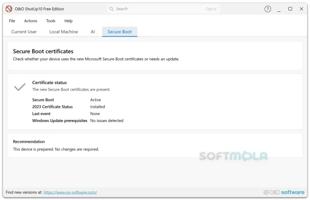 oo shutup10 secure boot screenshot showing certificate status check